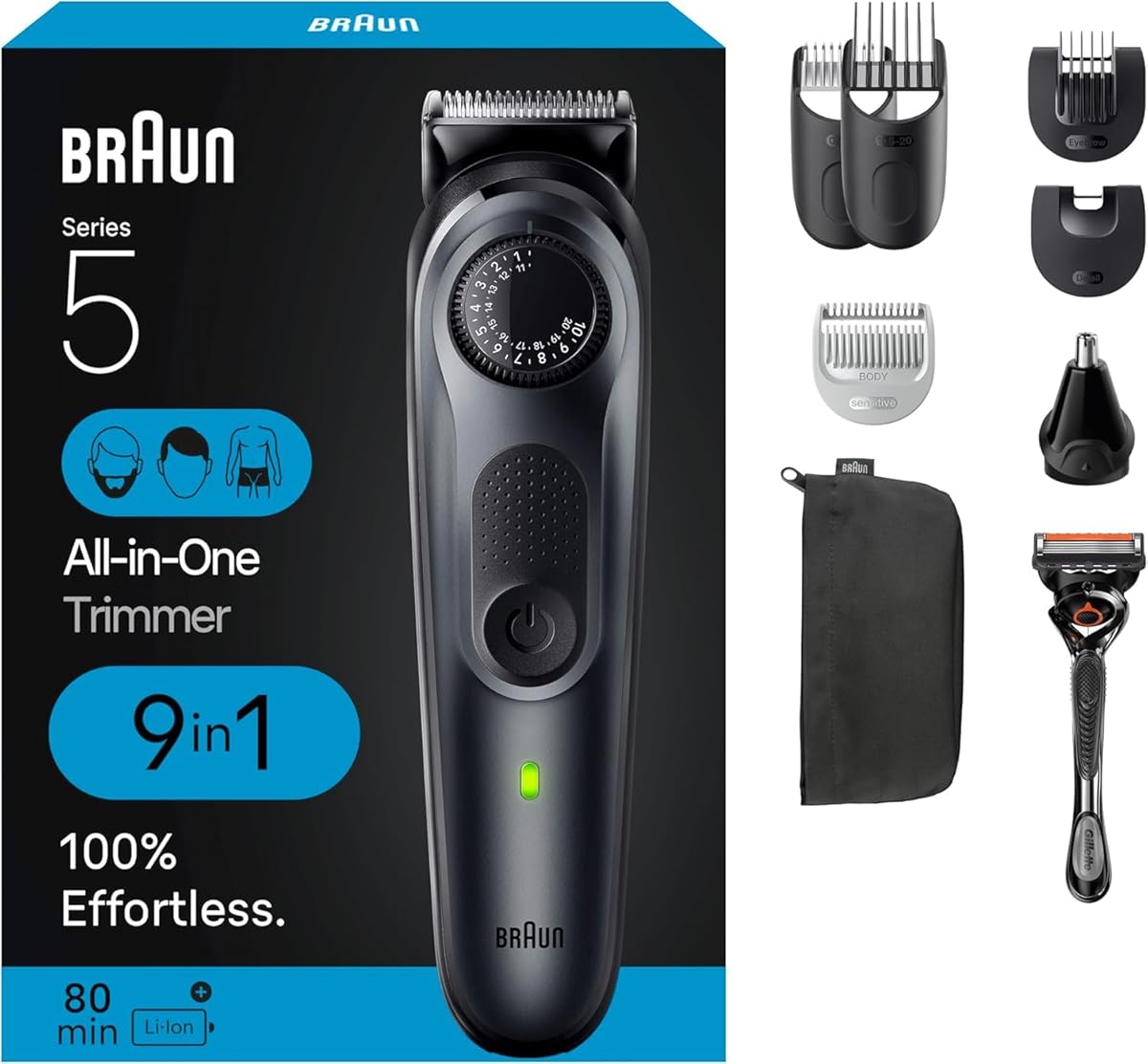 Braun All-in-One Style Kit Series 5 5470, 9-in-1 Trimmer for Men w/Beard Trimmer, Body Trimmer for Manscaping, Gillette Fusion5 ProGlide Razor, 40 Length Settings, Rechargeable Battery, Cordless