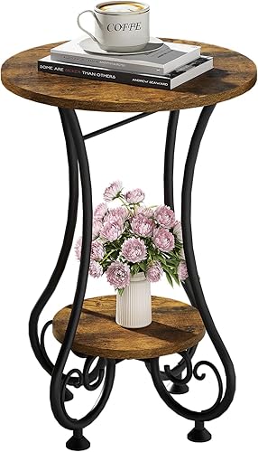 Miniatura 27 de Mesa auxiliar, pequeña mesa auxiliar redonda para espacios pequeños, mesita de noche redonda con marco de metal, mesa auxiliar para sofá, mesa de
