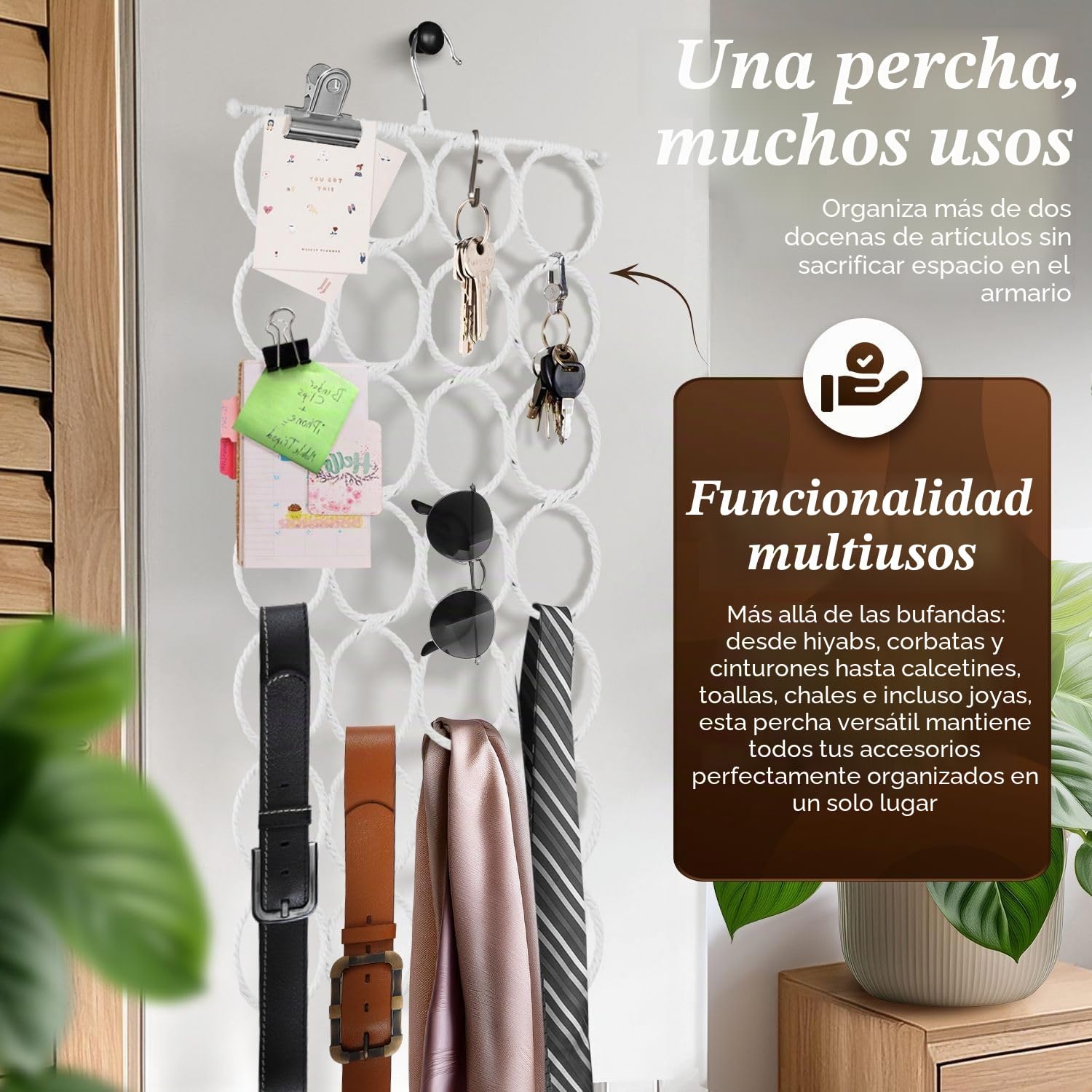 Flexzion Colgador para Bufandas Percha para Corbatas Organizador para Pañuelos 28 círculos Multifucional Organización del Armario y Habitación, Plegable para Almanecimiento, Blanco