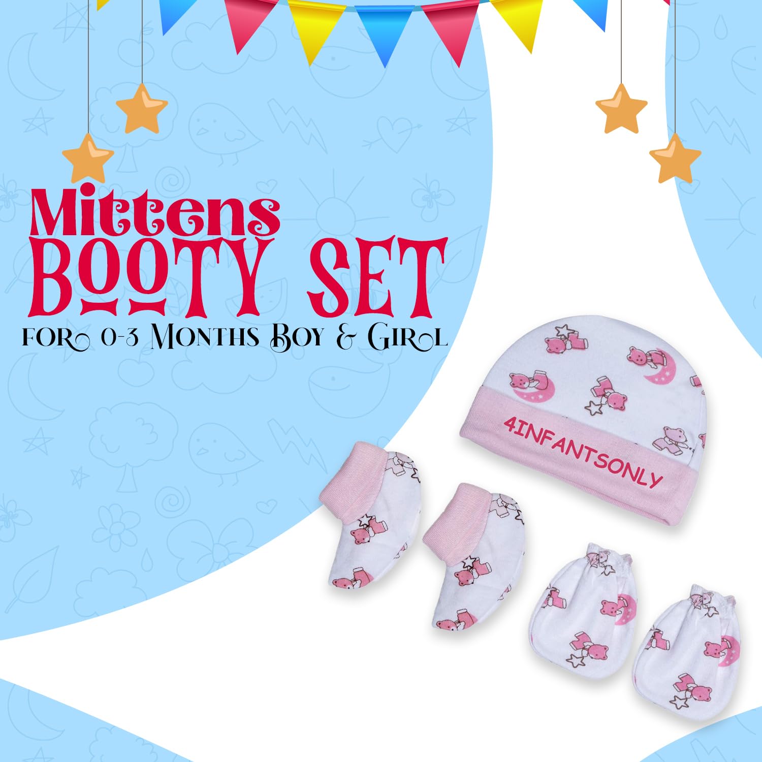 4INFANTSONLY® New Born Baby Cotton Cap, Mitten and Booties Combo | Infant Cap Set | Mittens, Bootie Set | Kids Gloves & Socks Sets | Baby Gift - 0-3 Month -(Pack of 3) 3