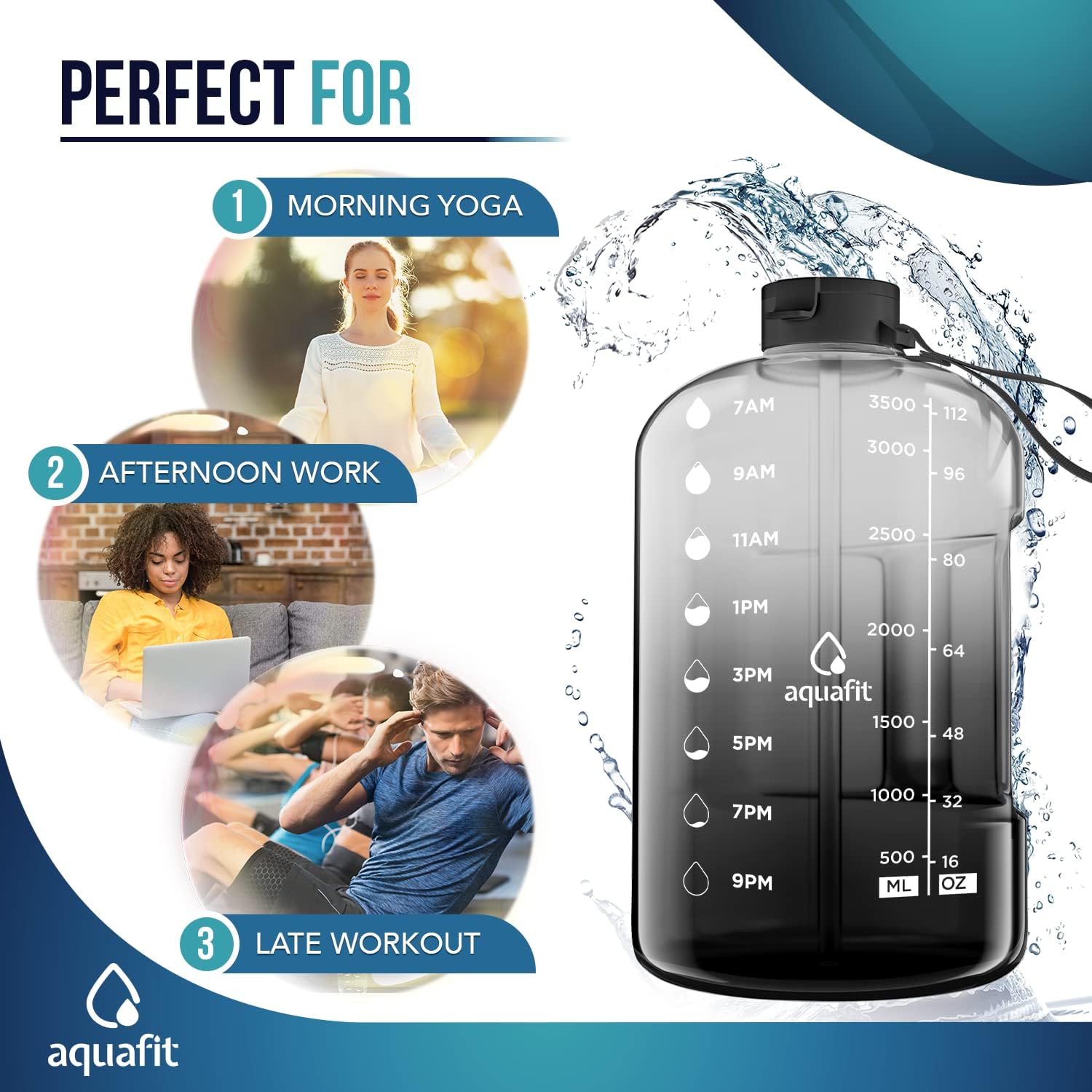 AQUAFIT 2 Pack - 1 Gallon Water Bottle With Time Marker PLUS Adjustable Sleeve - Neoprene Water Bottle Bag