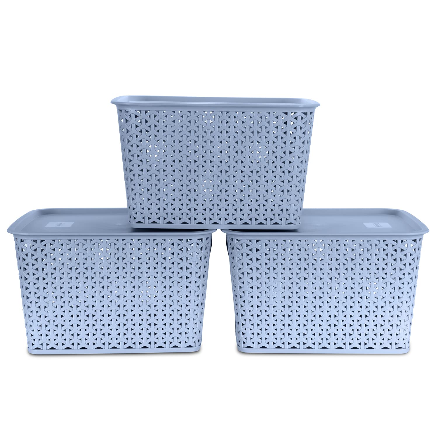 Kolorr Premium Elite Large Size Plastic Multipurpose Storage Baskets with Lids Pack of 3, Organiser Basket for Home/Kitchen/Wardrob/Toys/Stationary - Daiso Grey