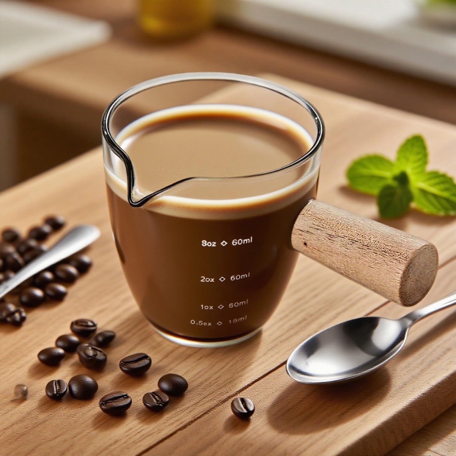 Generisch 2 Stk. Espresso-Shotgläser, 90 ml, 3 fl oz Espressotassen aus Glas mit Holzgriff, genaue Messskala, passend für Espressomaschinen, für Kaffeeliebhaber, mit sauberem Gießrand
