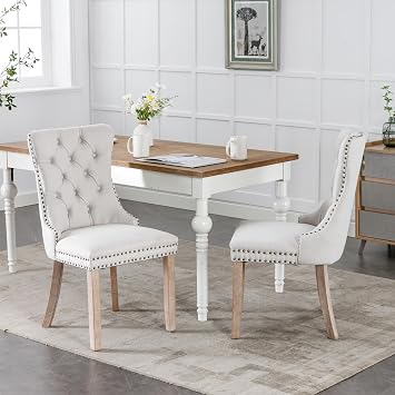 Velvet Dining Chairs Set - of 2, Upholstered High-end Tufted Dining Chair with Nailhead Back Ring Pull Trim Solid Wood Legs, Modern Style Dining Chairs for Kitchen Linen