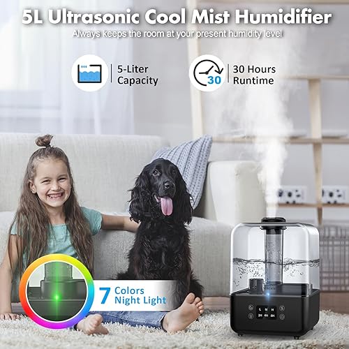 Miniatura 2 de Humidificadores para dormitorio, humidificadores de niebla fría para habitación grande, hogar, bebé, 5L, llenado superior, humidificador de aire