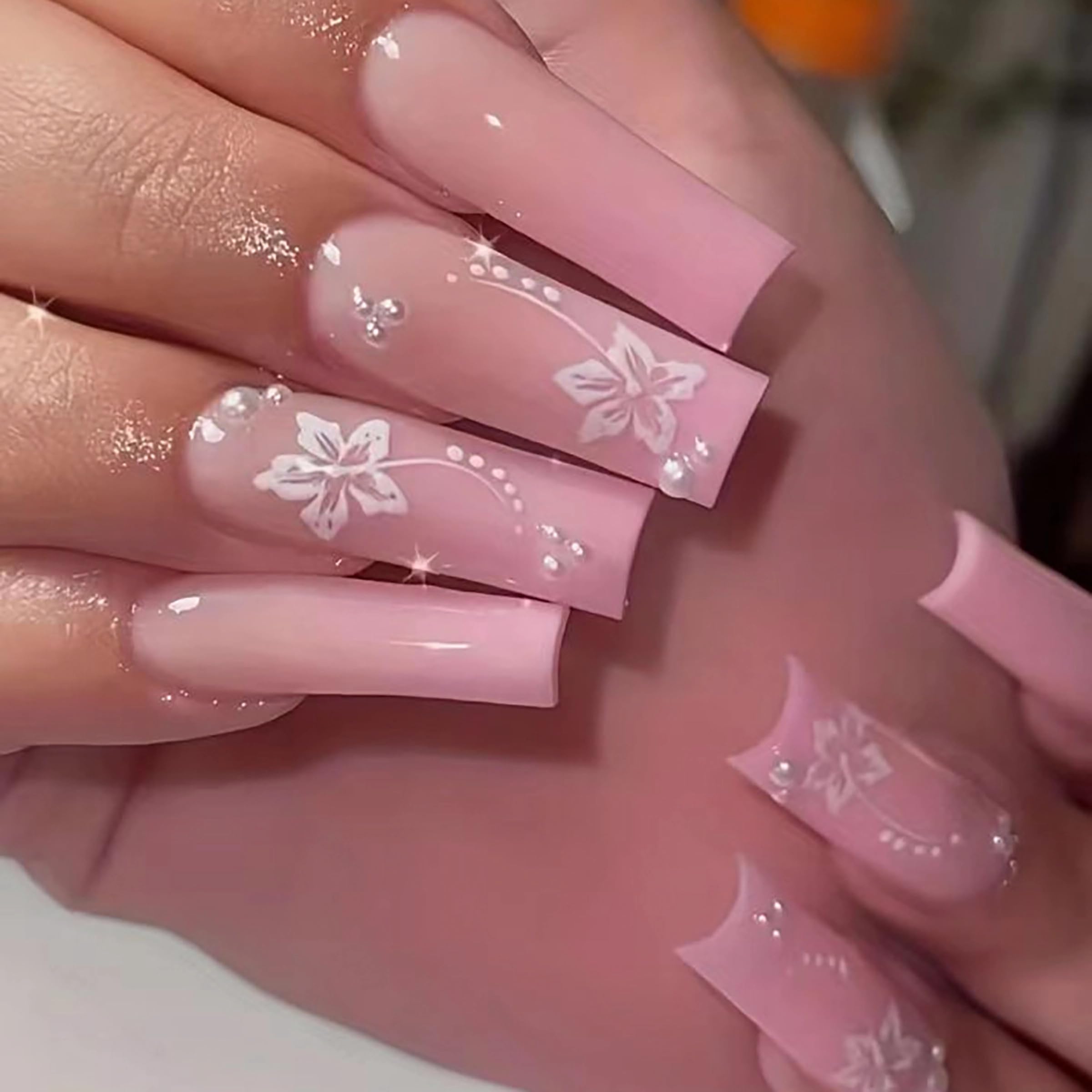 MERVF Long Square Press on Nails Pink French Tip Fake Nails Ombre Extra Long Squoval Glue on Nails Press ons with Flower Design