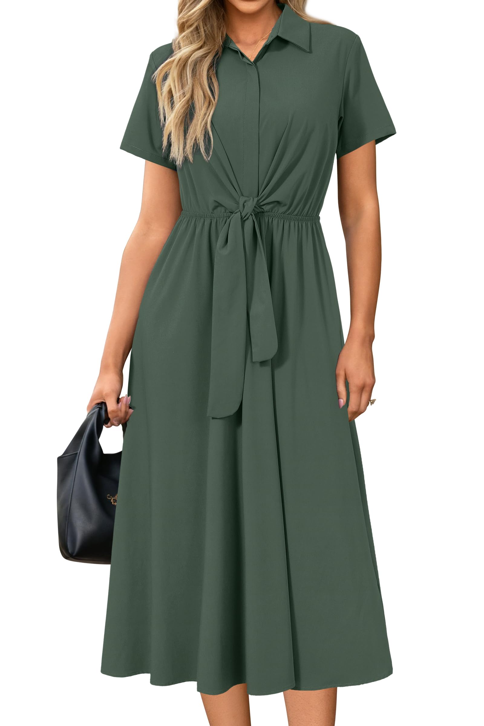 Newshows Women's Work Business Casual Outfits Tie Waist Midi Shirt Dress
