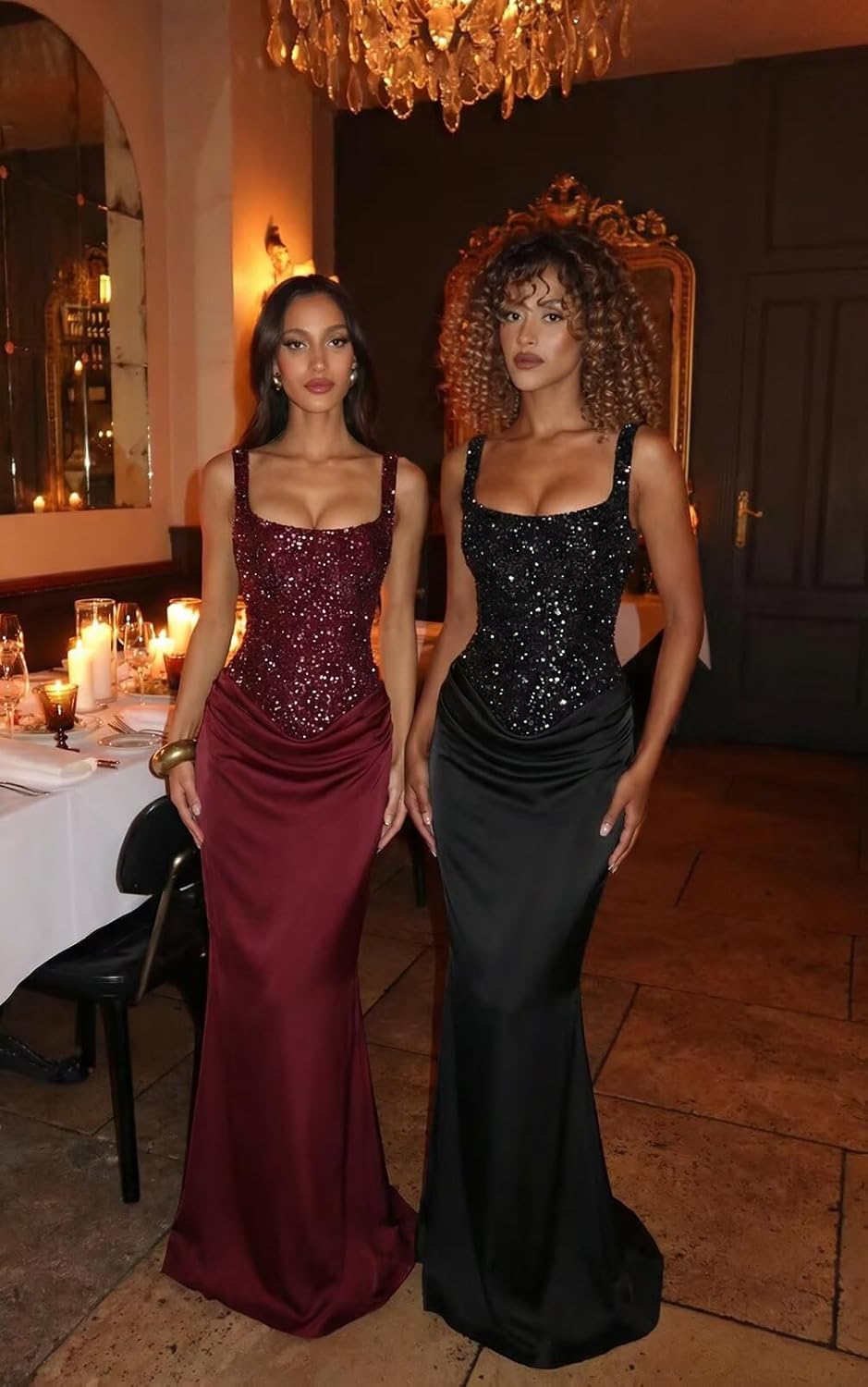 Spaghetti Straps Mermaid Satin Prom Dresses for Women 2026 Sequin Corset Ruched Long Formal Evening Dresses