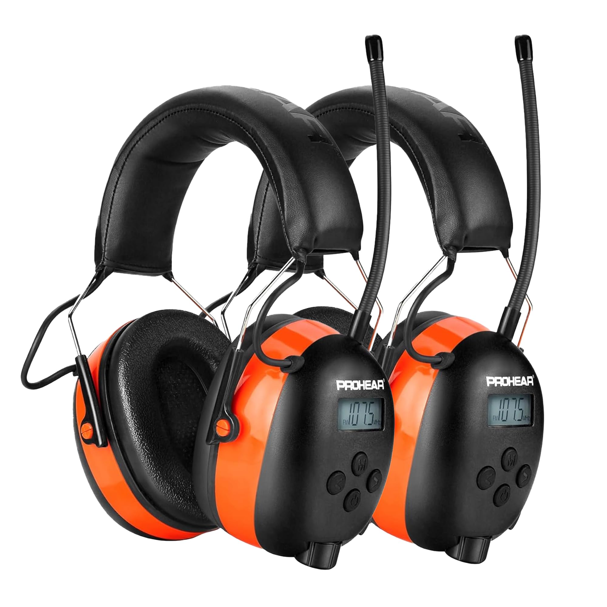 PROHEAR 027 AM FM Radio Headphones with Digital Display 2 pack, 25dB NRR, Safety Ear Protection Earmuffs for Mowing, Snowblowing, Construction, Work Shops - Orange and Orange