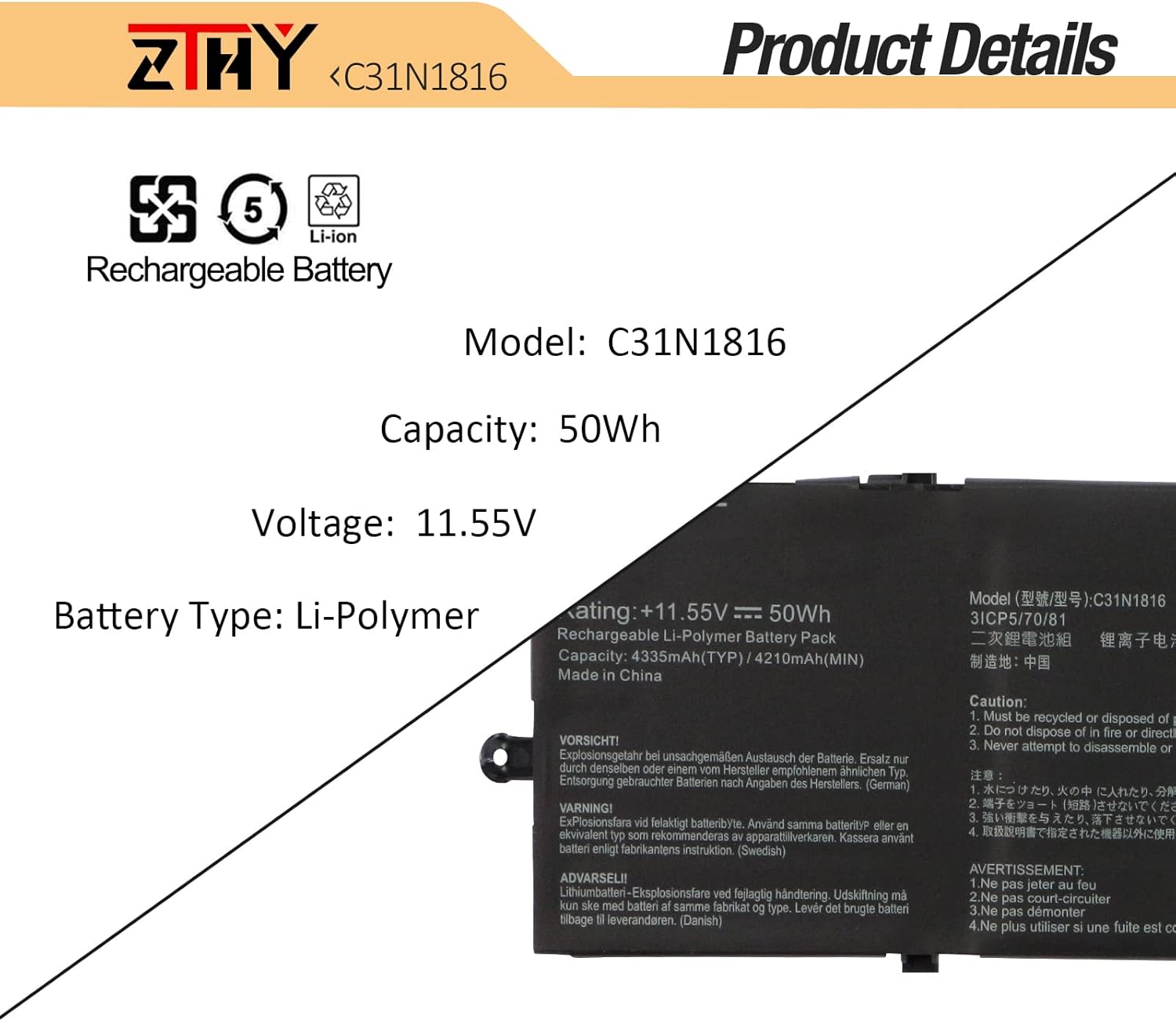 ZTHY C31N1816 Laptop Battery Replacement for ASUS Flip UX362 UX362FA Q326FA Q326FA-BI7T13 Series Notebook C31POJ1 0B200-03160000 3ICP5/70/81 11.55V 50Wh 4335mAh
