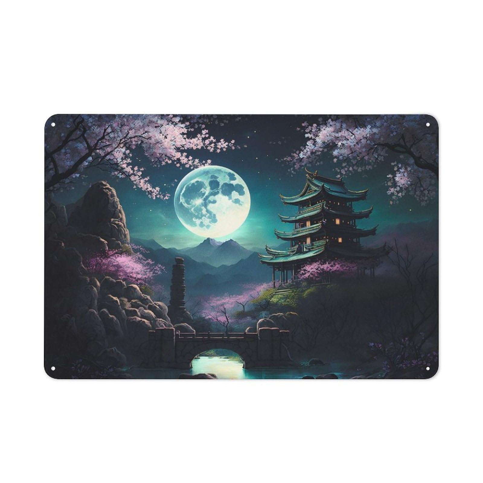 Junmoney Style-3 Foll Moon The Lake Japan Vintage Metal Sign 20X30cm, Vintage Bistro Wall Plaque For Coffee Bar, Small Shop Or Dining Room