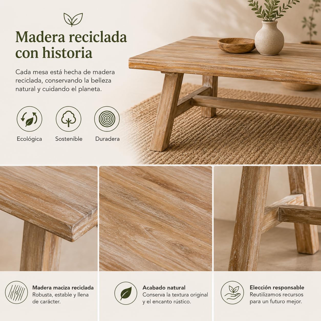 Mesa de Centro de Madera Reciclada Estilo WABI Sabi -con Patas Inclinadas y Refuerzo Horizontal - Mesa Auxiliar de Madera Maciza Sostenible Apto para salón y Pasillo. 120x55x38cm XZ-24897