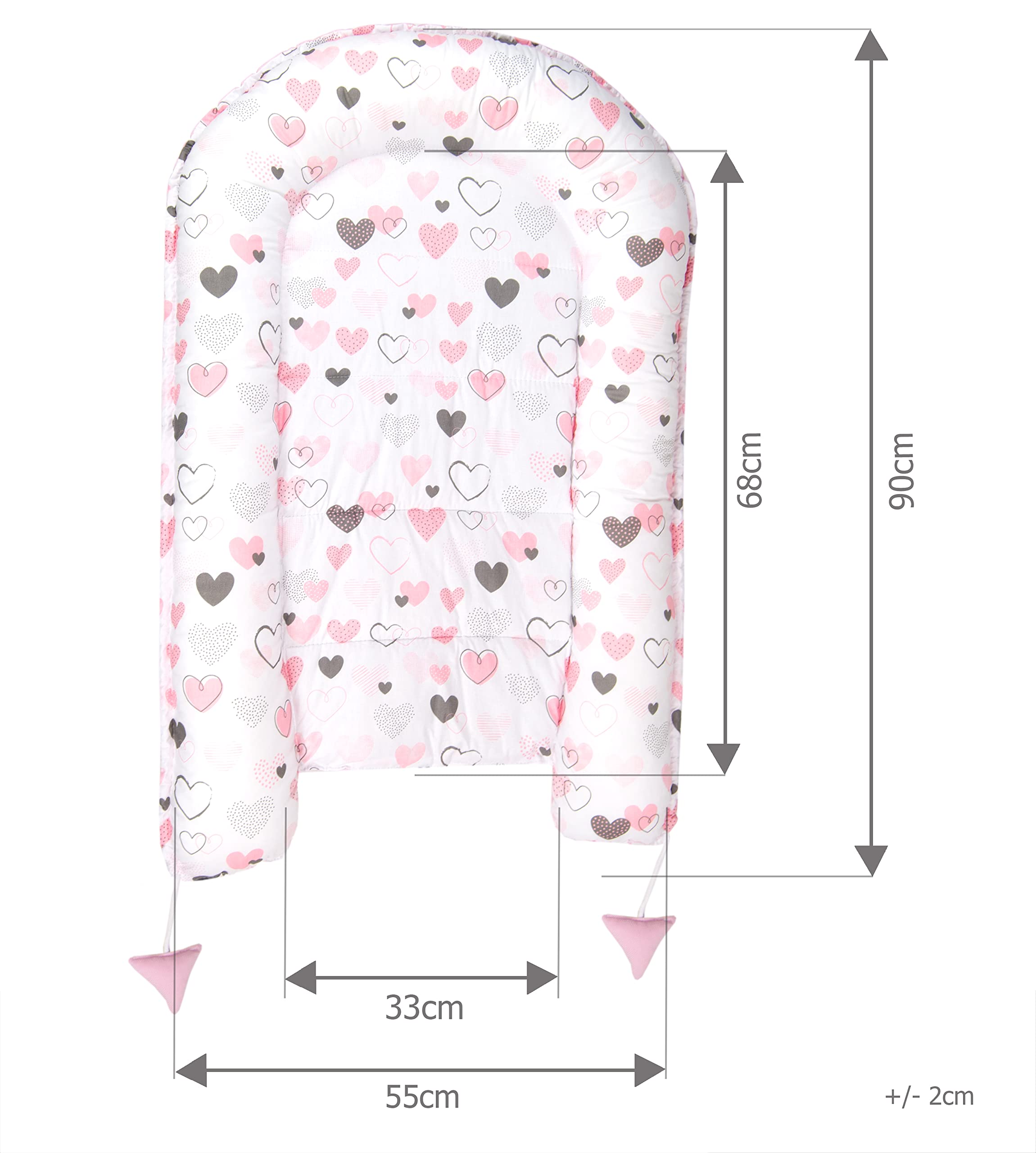 PIMKO Nido para bebé de 2 caras, con capullo, antialérgico, para recién nacidos, 90 x 55 cm, algodón y terciopelo (corazones rosas)