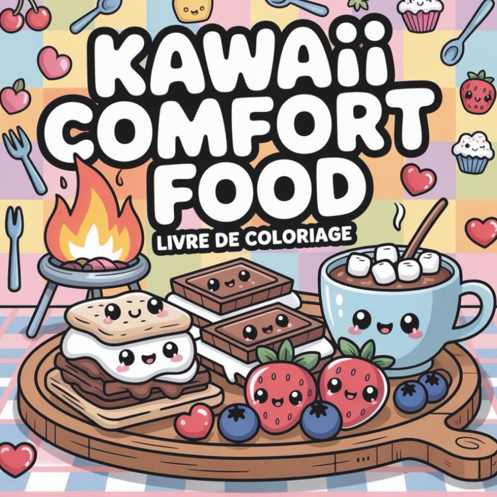 Kawaii Comfort Food – Livre de Coloriage: Dessins Simples et Mignons d’Aliments Réconfortants • Lignes Épaisses • Coloriage Relaxant pour Enfants, Ados et Adultes