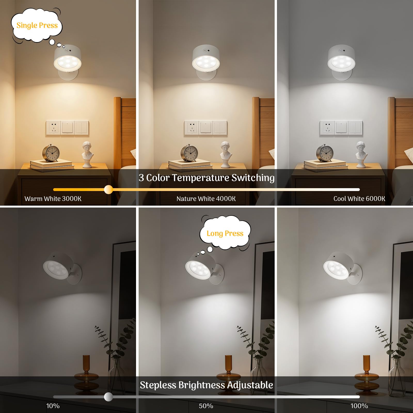 Lamparas Pared Sin Cable 2 Piezas, Aplique Pared Interior Inalámbricos Recargables con Control Remoto y Táctil, 3 Temperaturas Regulables Batería 4400mAh, Rotación Magnética 360° para Dormitorio