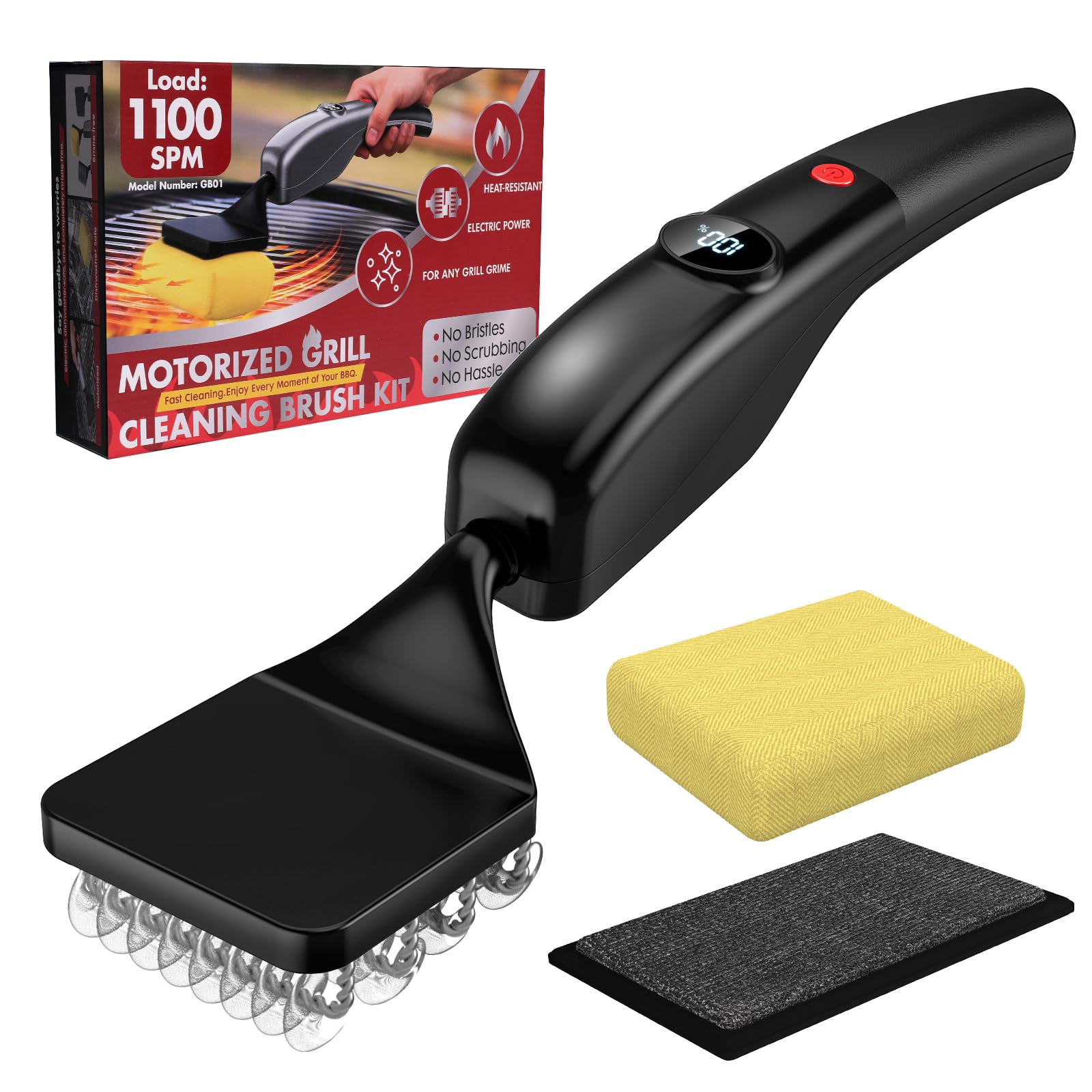 Elektrische Grillbürste mit Bürstenloser Motor, 3-in-1 Grillreiniger Elektrisch Set für Gasgrill & Holzkohlegrill, Inkl. 3 Arten von Ersatzköpfe, Geeignet für Edelstahl, Gusseisen und Emaillierung