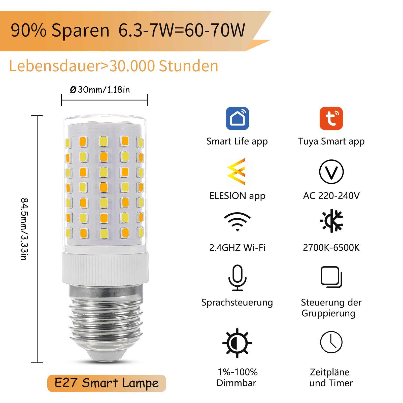 Lampadina LED Smart E27 - Dimmerabile, Compatibile Con Alexa/Google, 2700K-6500K, Confezione Da 2