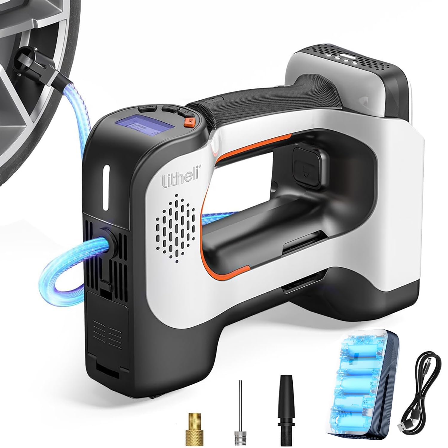 Litheli Elektrische Luftpumpe Tragbarer Akku-Kompressor 10000mAh Digitalanzeige LED-Licht Max 10,3 bar