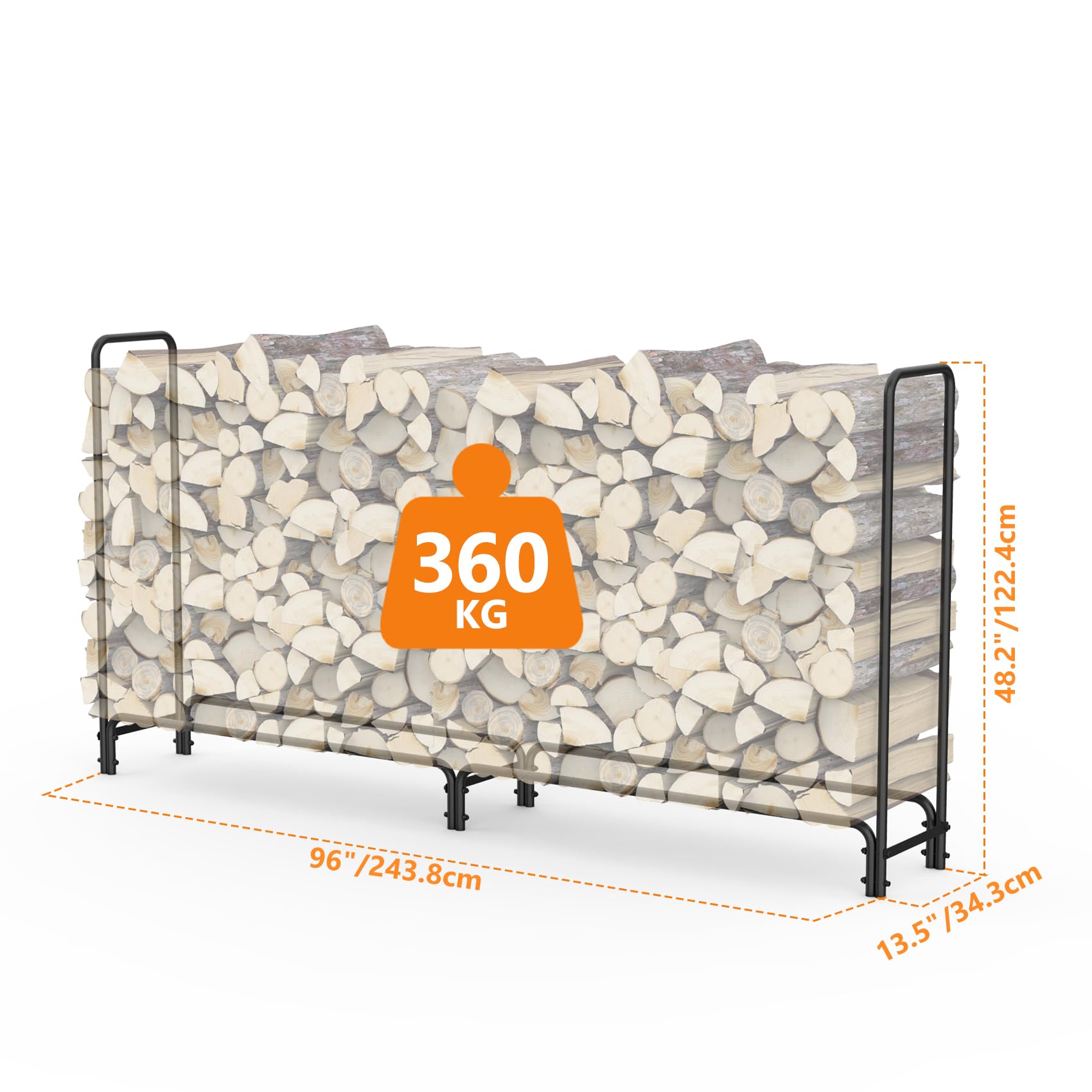 onlyfire Brennholzregal Außen, 243,8 x 34,3 x 122,4 cm, Kaminholzhalter Holzregal für Innen Außen, Kaminholzunterstand für Veranda Garten Terrasse Hof, Kaminholzlager, Firewood Rack, Stahl, Schwarz