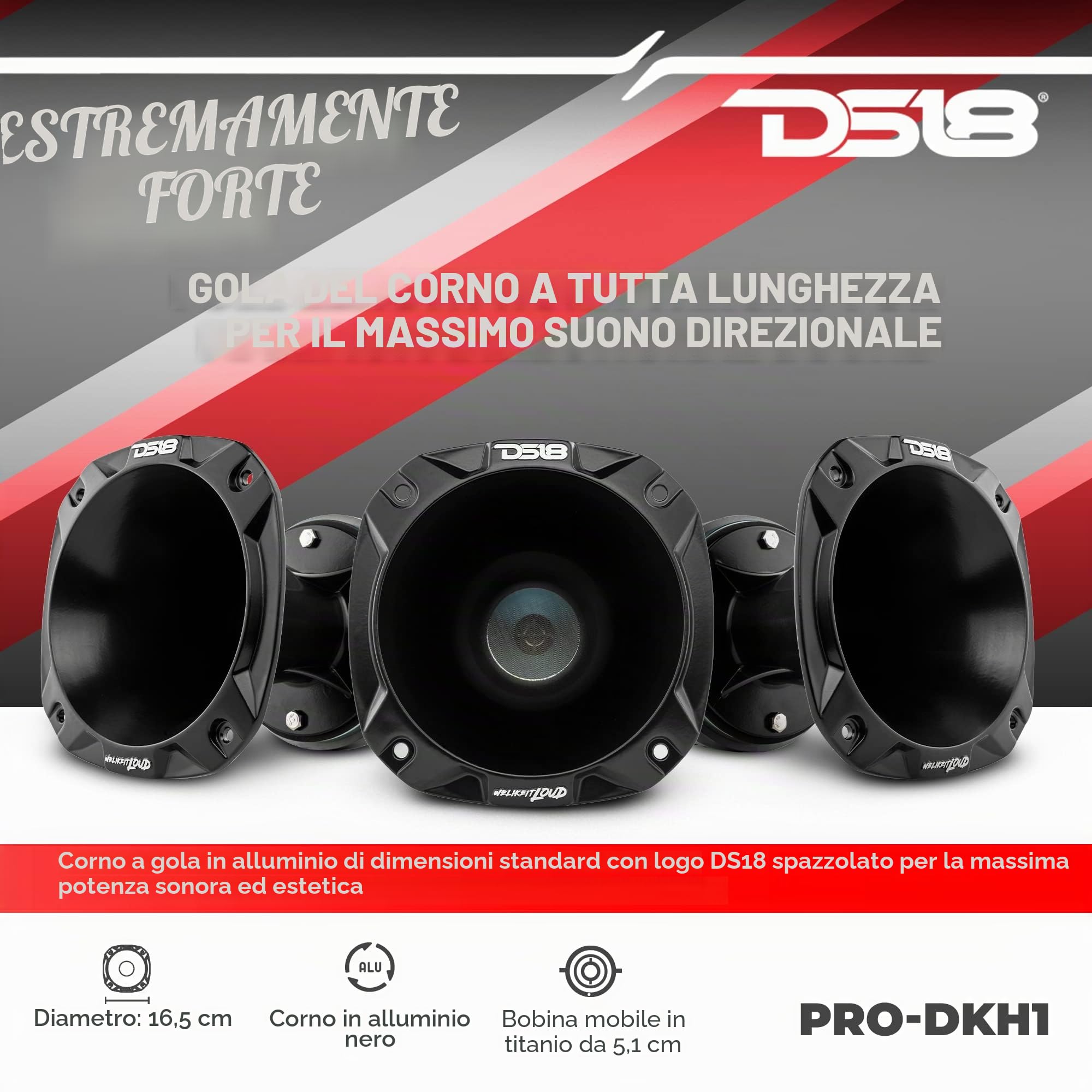 DS18 PRO-DKH1 - Driver a compressione da 5,1 cm, 1000 W, con clacson in alluminio