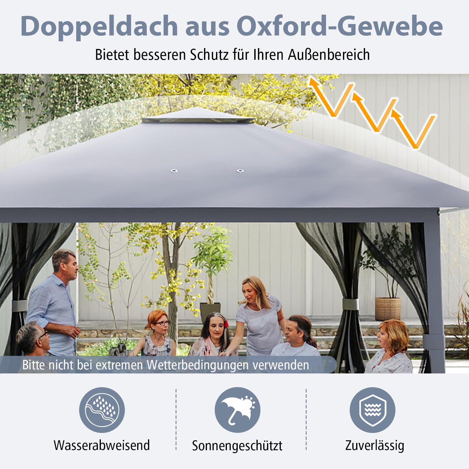 COSTWAY Pavillon 4x4 m, Pop Up Faltpavillon mit 4 Moskitonetz & Doppeldach & Metallrahmen, Wasserdicht & Stabil & Winterfest, Gartenpavillon inkl. Tragetasche, Partyzelt für Terrasse Garten, Grau