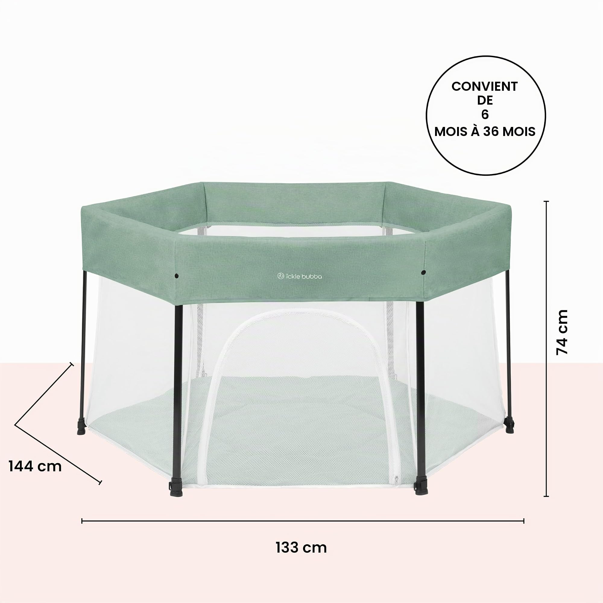 Parc pour bébé Ickle Bubba Fiesta – Installation en 30 secondes, côtés respirants, tapis de jeu rembourré et compact pour le rangement, sac de transport inclus (Vert sauge)