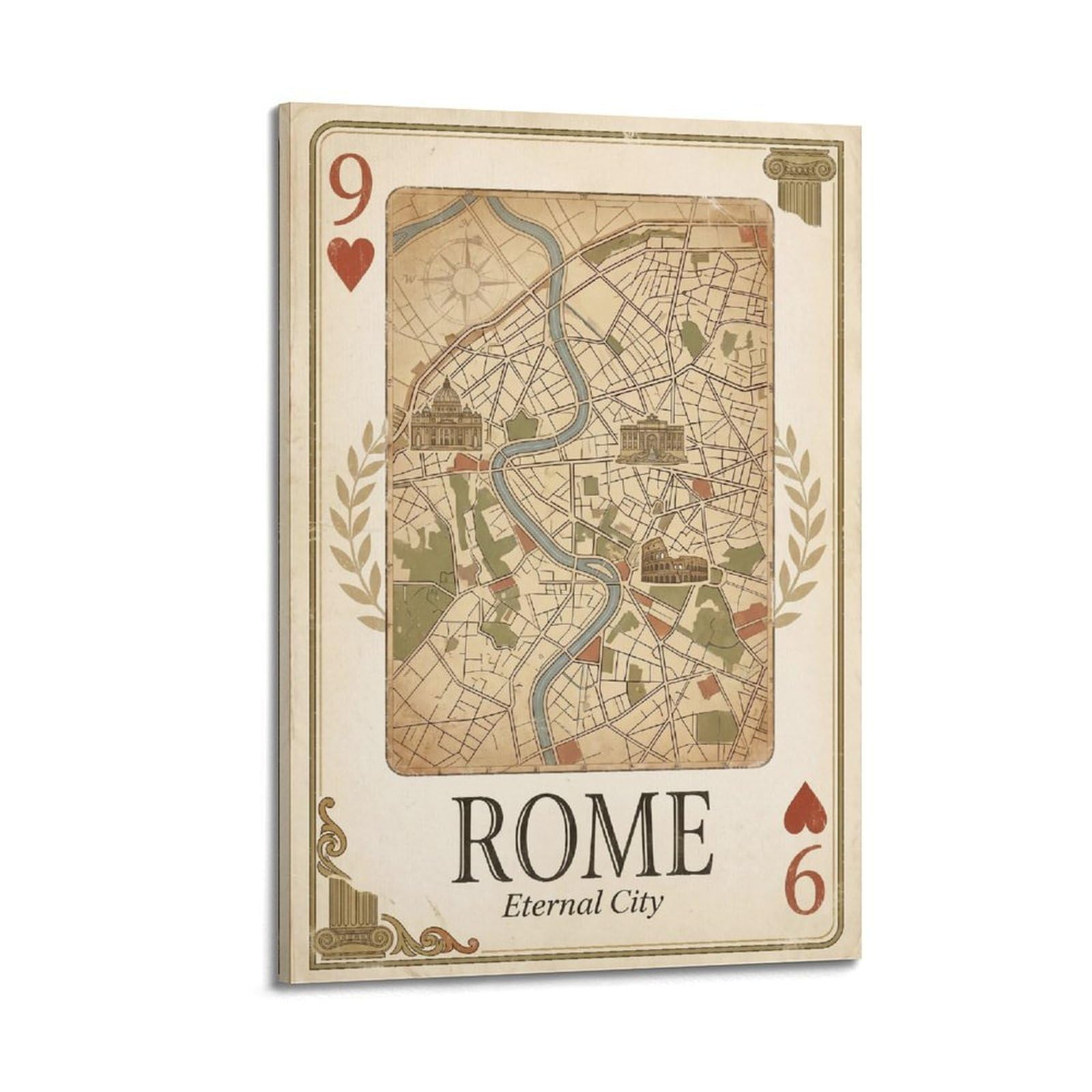 OKNGB Vintage City Map Poster Rome Colosseum Italy Playing Card Style Decorative Painting Canvas Art Picture 20x30inch(50x75cm)