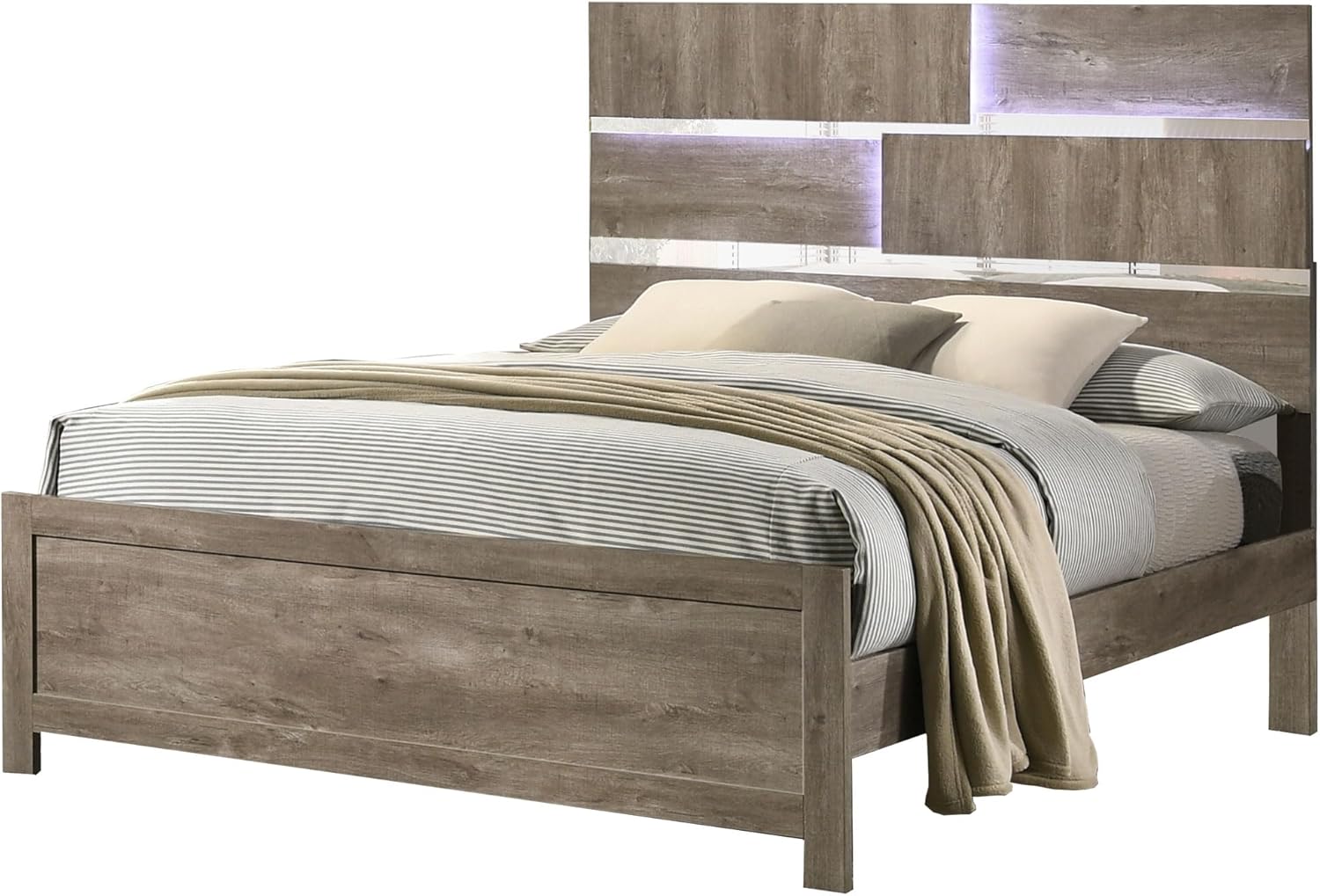 Kings Brand Furniture Dawson Modern 6-Piece Queen Size Farmhouse Style Bedroom Set in Light Brown Finish - Bed with LED Lights, Dresser, Mirror, Chest & 2 Nightstands