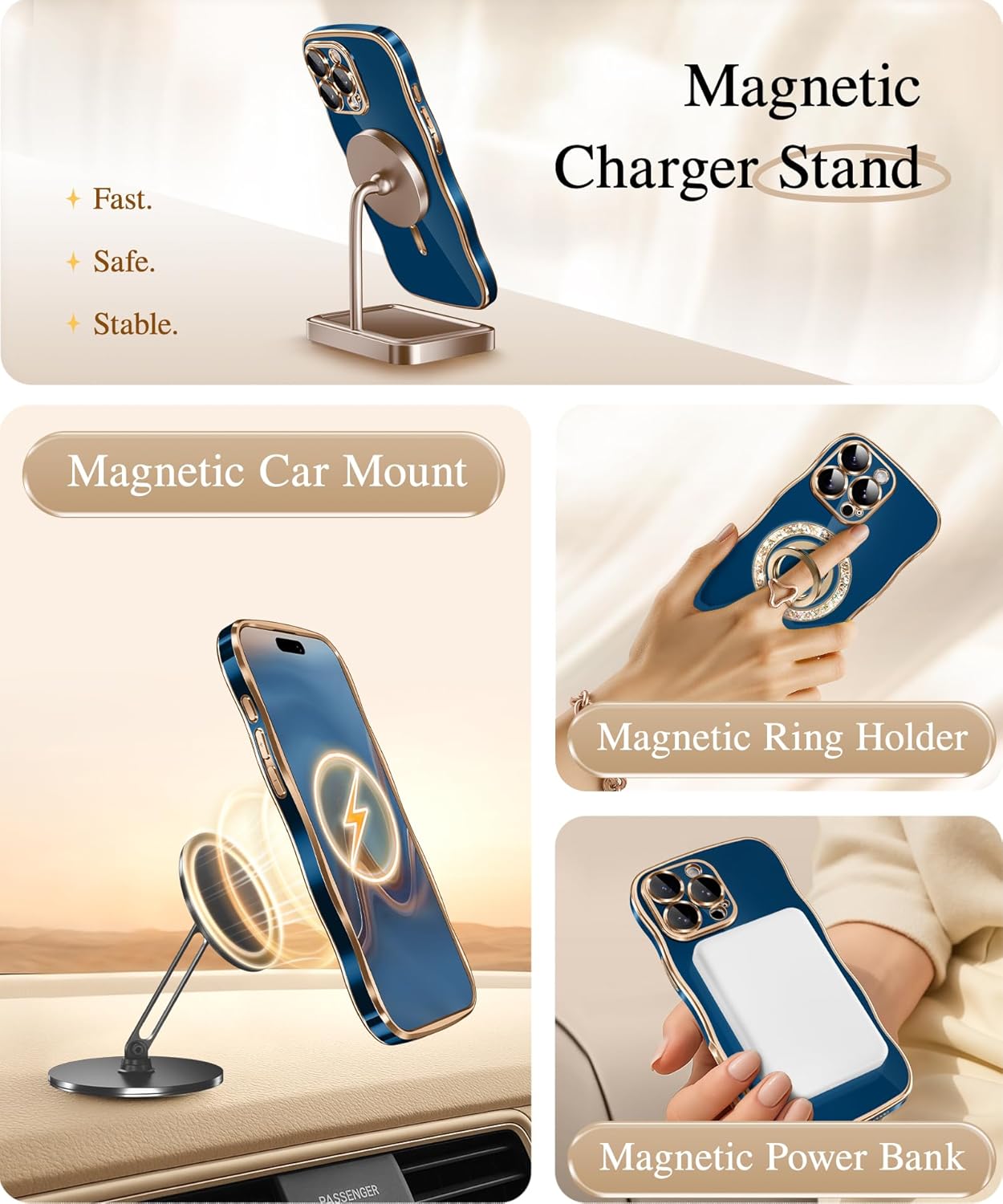 GVIEWIN for iPhone 16 Pro Case Compatible with MagSafe, Upgraded [Full Camera Protection][Cute Wave Frame][Military Grade Protection] Electroplated Soft Phone Cover for Women Girl, Blue