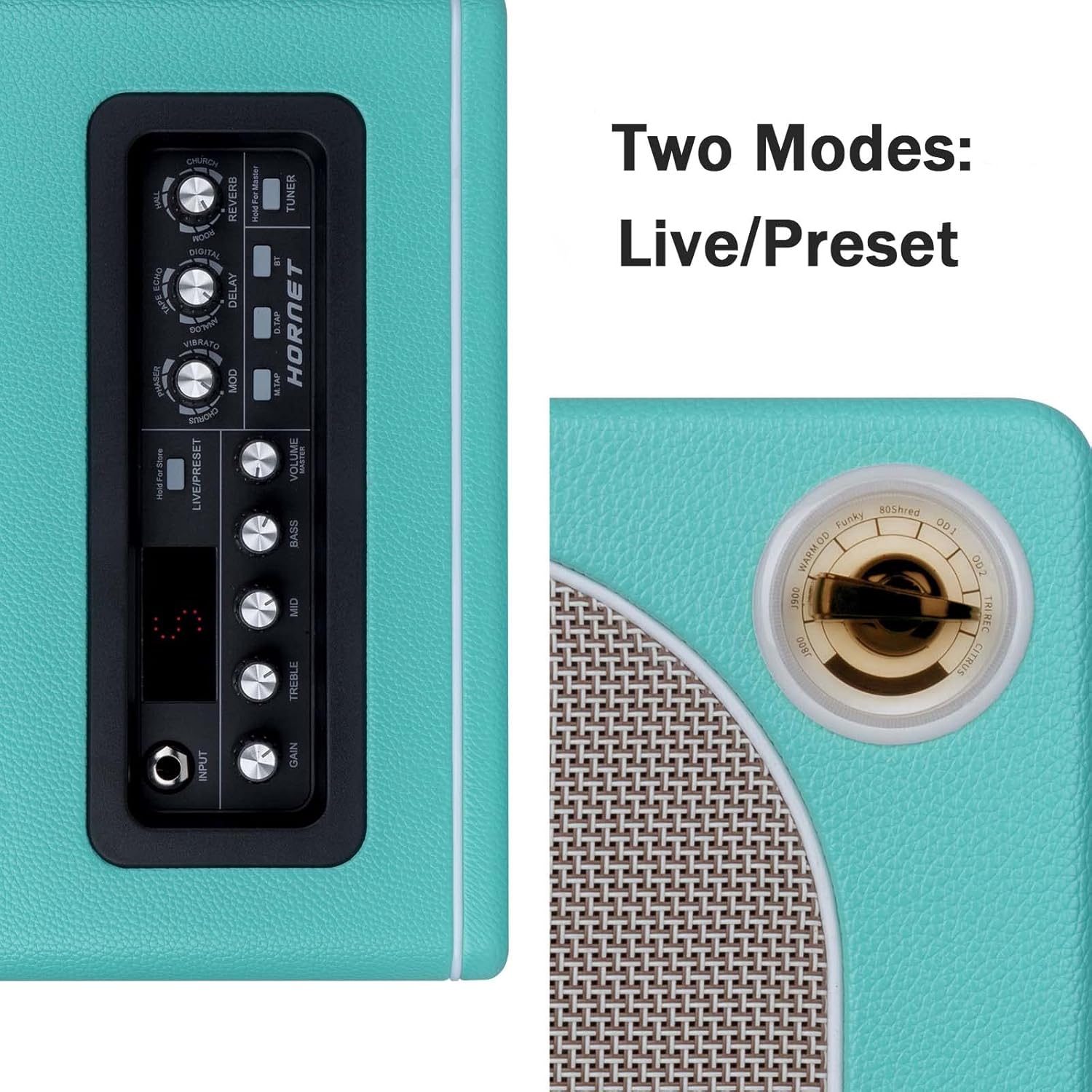 MOOER Guitar Amplifier Combo 15W, Practice Amp with 9 Digital Amp Models, 6.5" Speaker, Bluetooth, Headphone Output, for Electric/Acoustic Guitar and Bass - Hornet Green