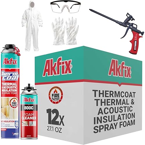 Akfix Thermcoat Spray Foam Insulation Kit (240 Board Feet) Closed Cell Expanding Sealant for Thermal & Acoustic Protection for Walls and Attic - Gun&Cleaner Included | 12 Pack Set