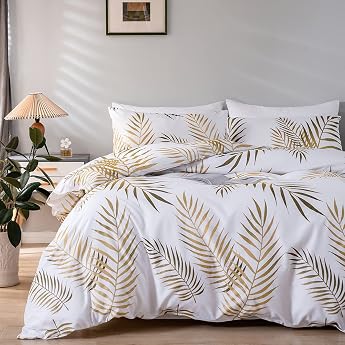 Nayoroom Bed Linen 140 x 200 cm Duvet Cover Set with White Gold Leaves Pattern 2-Piece Microfibre Botanical Palm Leaves Bedding Set with Zip and Pillowcase 70 x 90 cm Oeko Tex microfibre palm leaves pattern duvet cover zip single bed 2 pieces