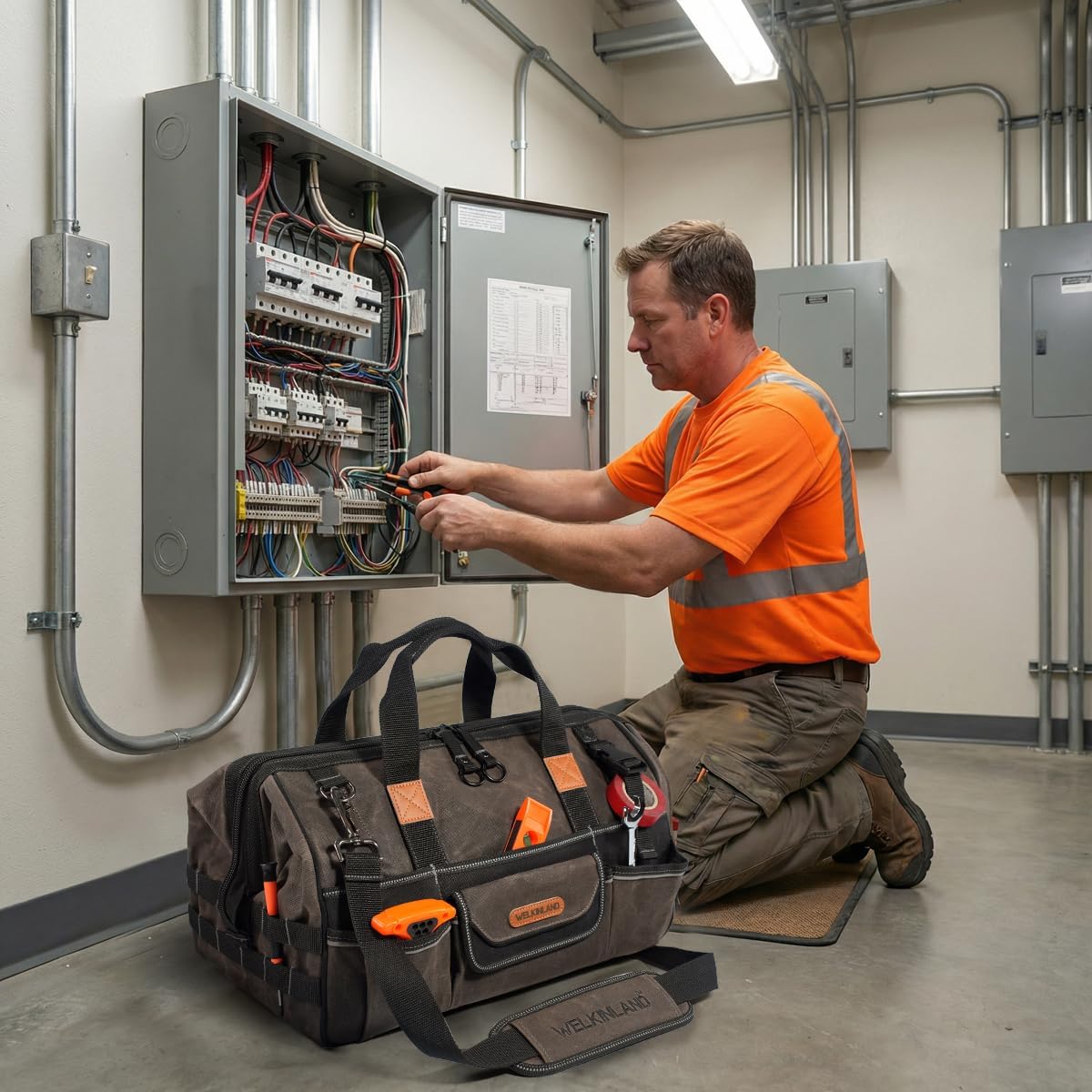 WELKINLAND 28-Pockets Waxed Canvas Tool Bag, Heavy-Duty Electrical Tool Bag, Large-Opening 18 Inch Tools Bag, 36L Tool Bags For Men, Quick-Access HVAC Tools Bags