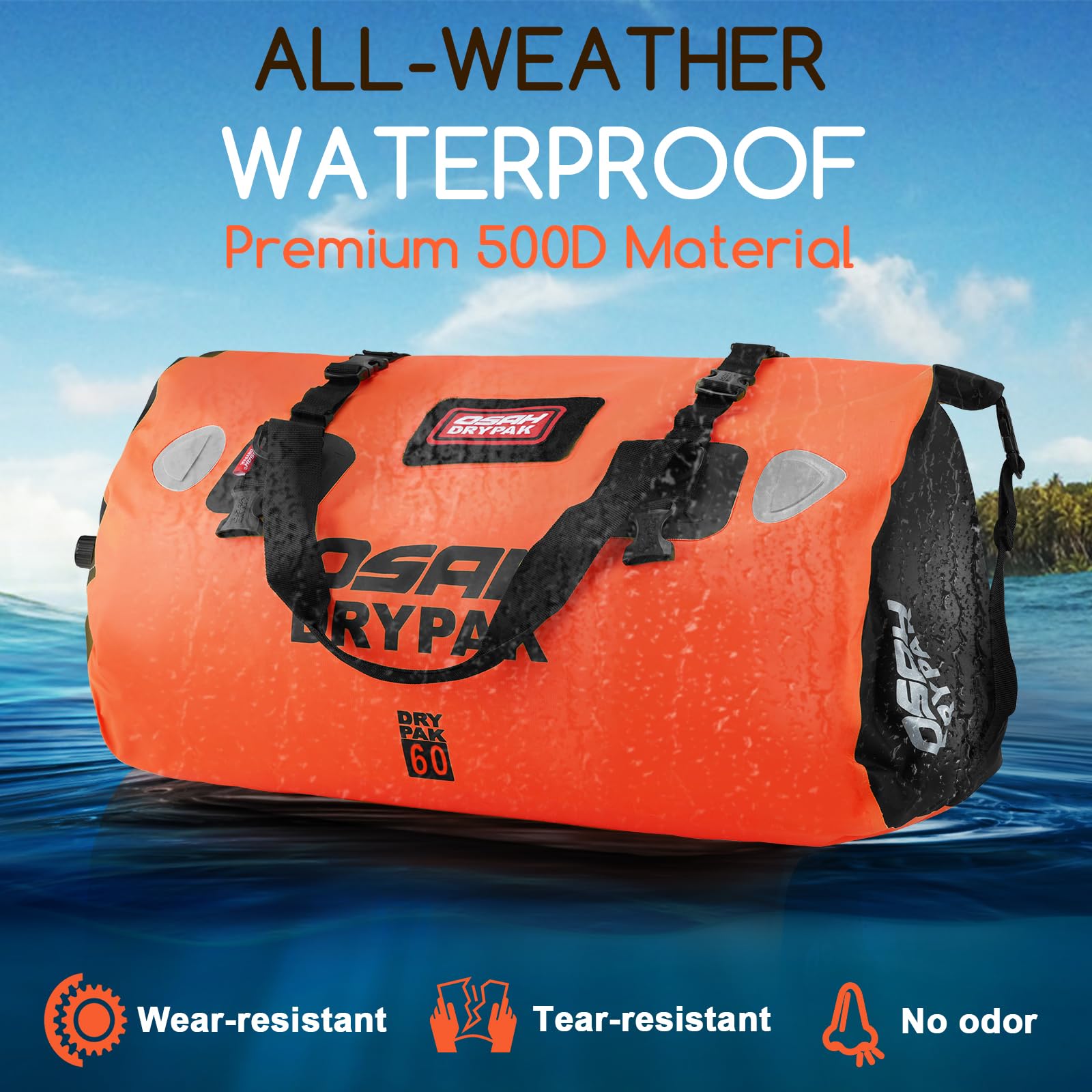 OSAH DRYPAK Bolso de Lona Impermeable - Bolsa Trasera estanca para Moto con Gran Espacio, Equipaje Impermeable con Bolsillo Exterior de Malla con Cremallera para Acampada, Kayak, Pesca y Viajes