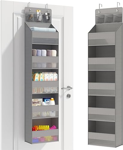 Fixwal Organizador para colgar sobre la puerta, 6 estantes, con 3 bolsillos, para dormitorio, sala de estar, guardería, dormitorio, cocina, gris