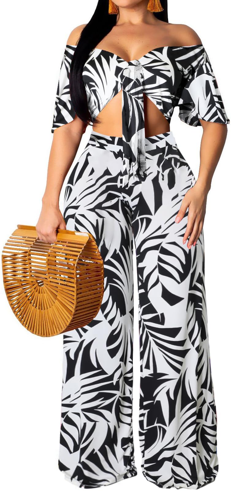 sexycherry Two Piece Outfits for Women Beach Bandage Crop Top Long Straight Pants Vacation Swimwear Cover Ups Sets