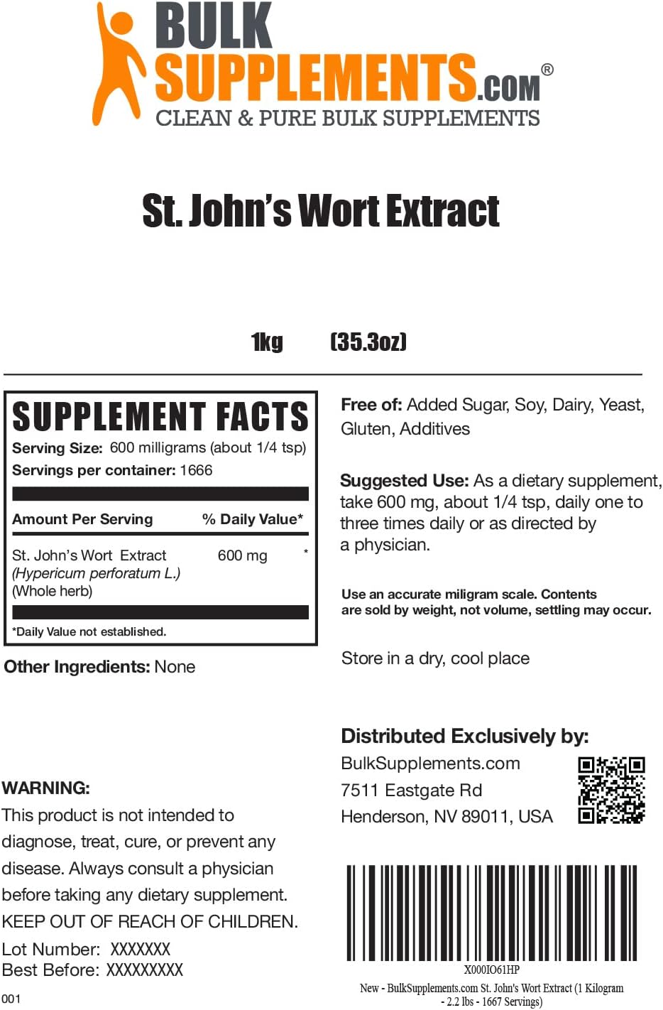 BULKSUPPLEMENTS.COM St. John's Wort Extract (1 Kilogram - 2.2 lbs)
