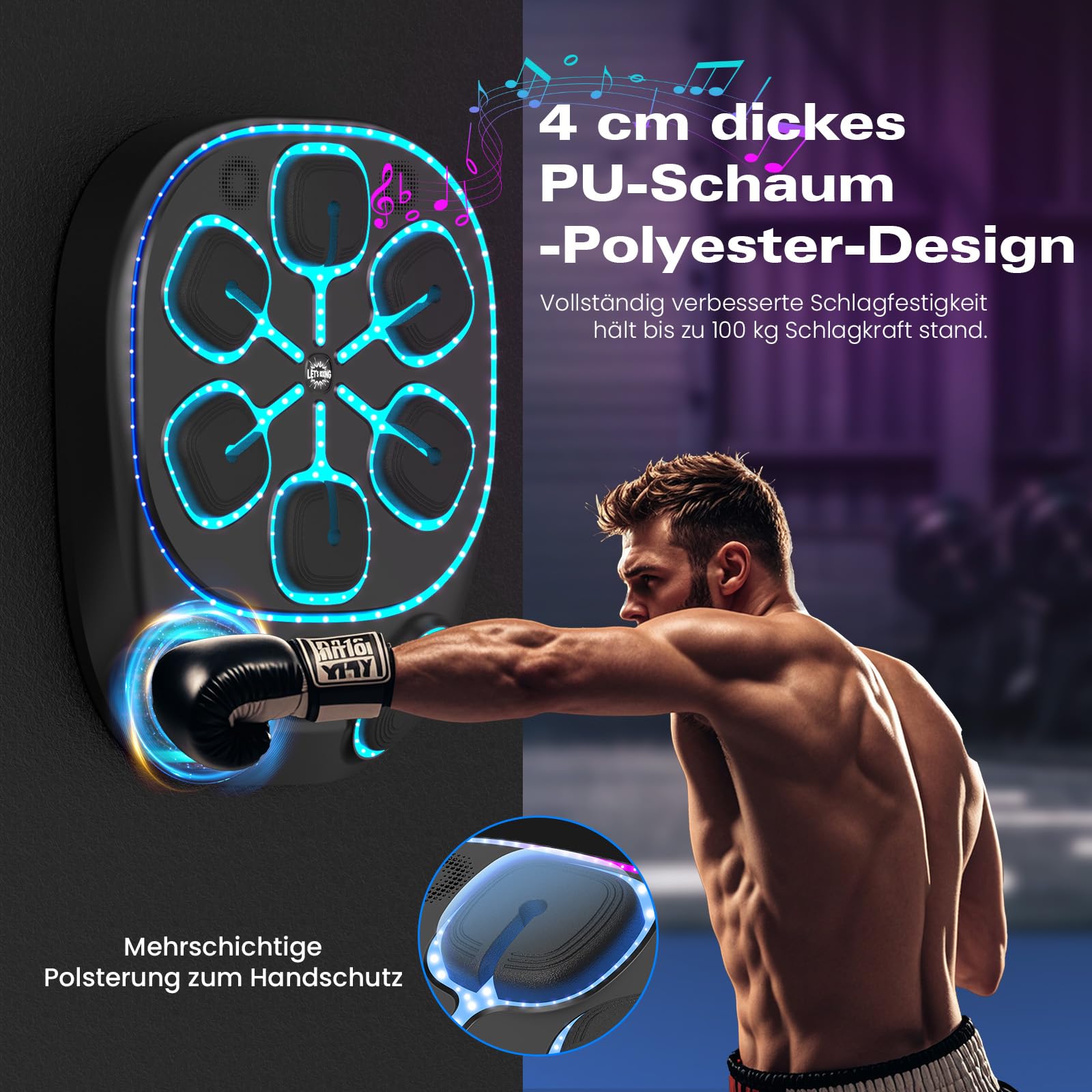 Music Boxing Machine mit LED-Lichtern, Bluetooth, 9 Geschwindigkeitsmodi & Zählmodus, Elektronische Boxmaschine für Kinder/Erwachsene, Musik-Boxen für Zuhause & Fitnessstudio