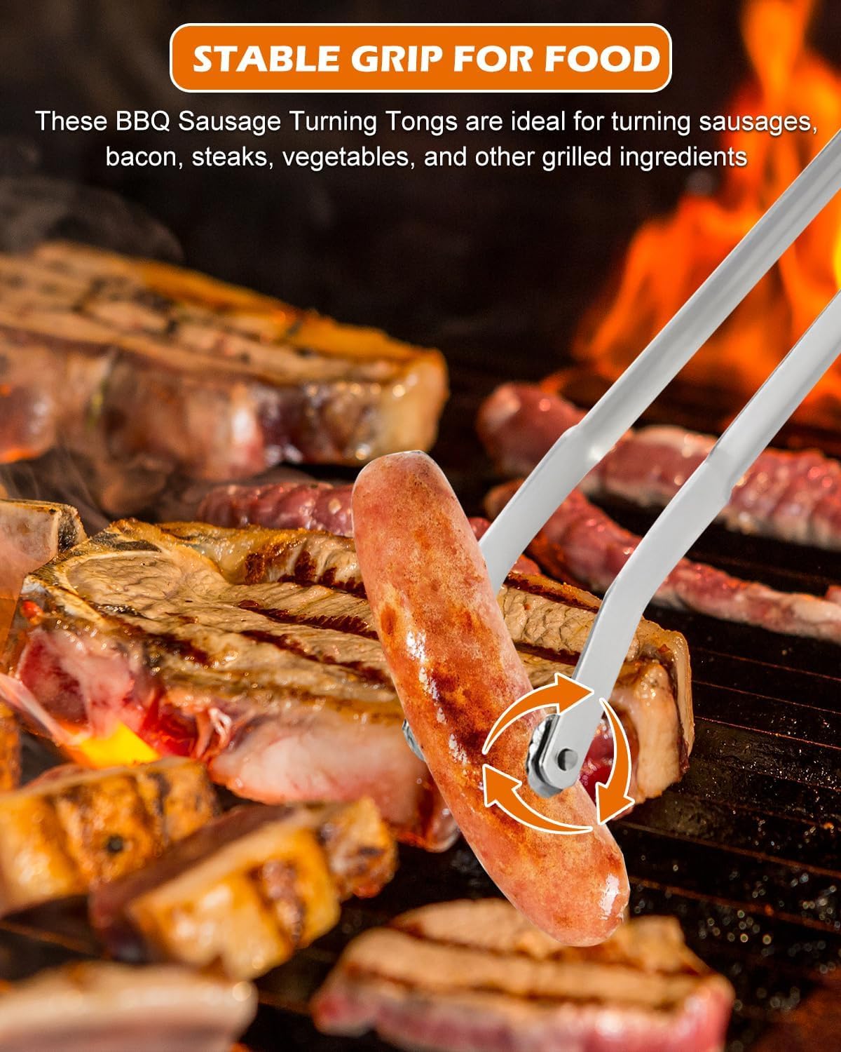 Pince à Barbecue avec molette Longue pour saucisses - Viande - BBQ Sausage Turning Tongs for Cooking - Pince rotative à Saucisse - Pince à Griller en métal - Pince de Cuisine en Acier