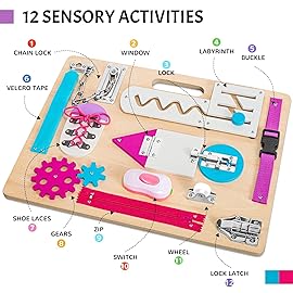 Montessori Busy Board for Toddlers, Wooden Sensory Toys, Kids 1-3 Travel Toy, Preschool Learning Activities for Fine Motor Skills, Basic Life Skills Educational Gifts for 1 2 3 Years Old Girls (Pink)