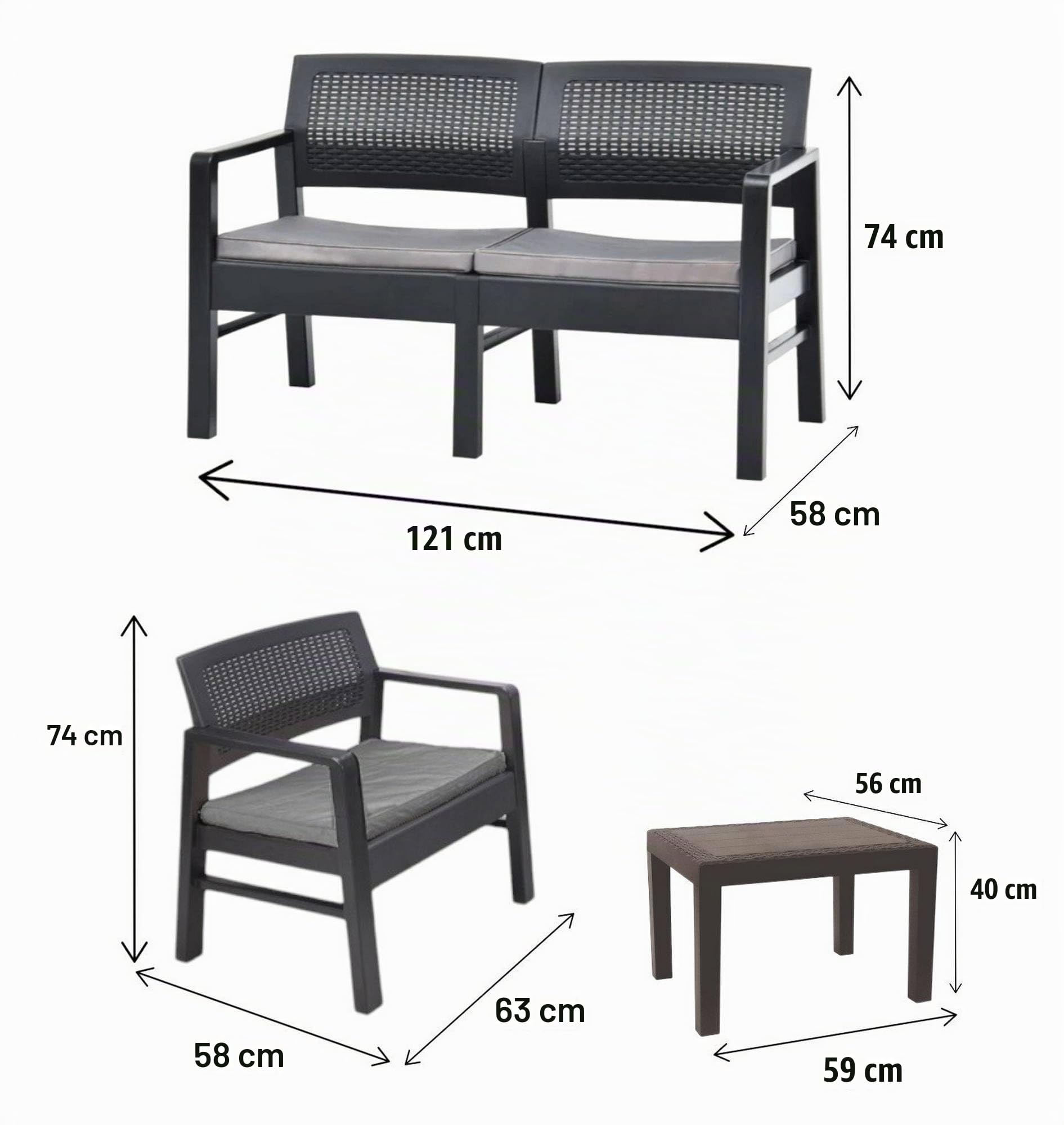 Dmora - Set Salotto da Esterno Carpi, Composizione da Giardino con 2 poltrone, 1 Divano ed 1 tavolino, Salottino Effetto Rattan con Cuscini, 100% Made in Italy, Antracite