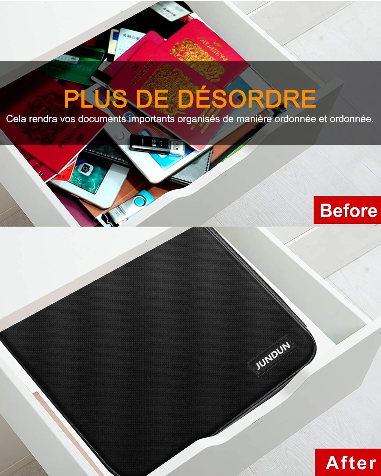 JUNDUN Organisateur de documents avec isolation thermique de 5200 ℉, porte-documents ignifuge avec serrure, boîte de rangement pour documents avec 7 compartiments, organiseur de dossiers（noir）