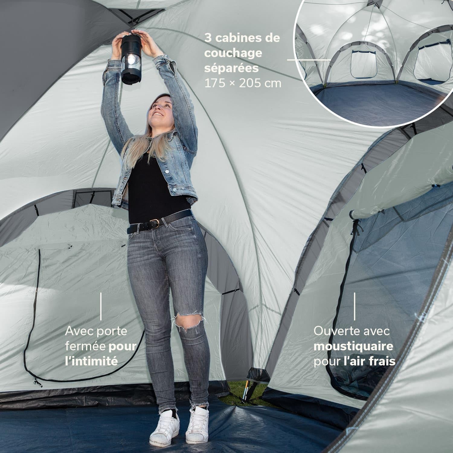 skandika Daytona XXL - Tente familiale dôme 6 Personnes - 570 x 390 cm - Colonne d'eau 3000 mm |Tente familiale avec 3 Grandes cabines de Couchage