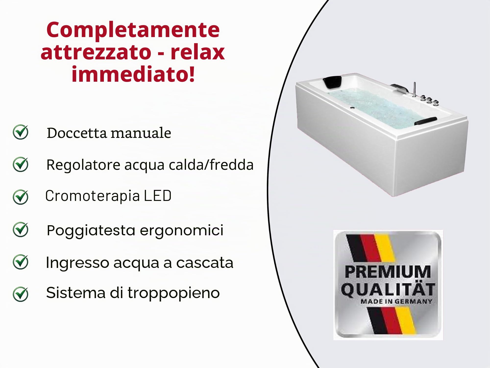 Whirlpool Vasca Venezia Made in Germany Destra o Sinistra 150/160/170 x 75 cm con 6 Massaggio Ugelli + con Rubinetti Runde Destro/Sinistra Vasca Angolare