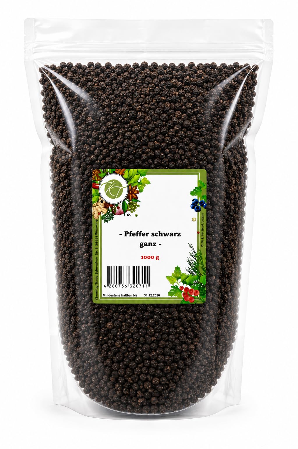 K T 1000 g / 1 Kg Pfeffer schwarz ganz schwarze Pfefferkörner ganz - Perfekt für Mühle & Mörser