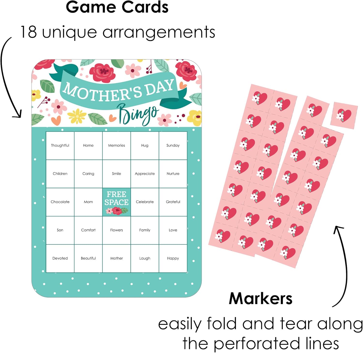 Mother's Day Floral Bingo Game - 18 Cards and Markers Set - Mom Party Card Games, Family Celebration Activity Pack, Interactive Entertainment for Mom's Special Day