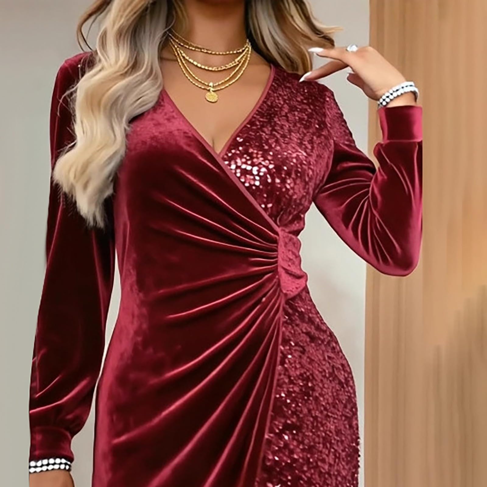 Vestido de fiesta para mujer, de terciopelo dorado, manga larga, a la moda, sexy, vestido de verano, corto, ajustado, para mujer