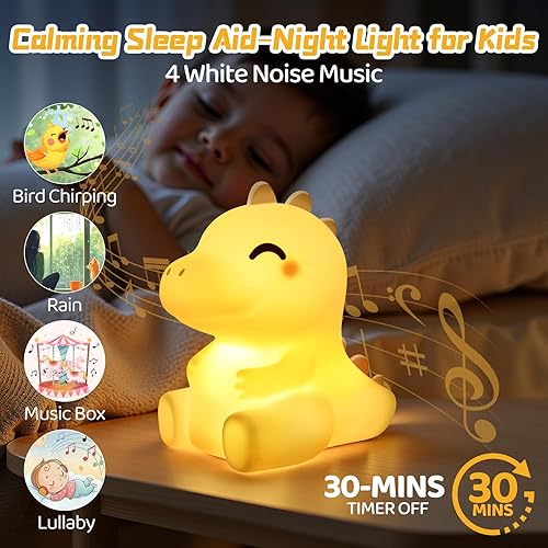 Miniatura 3 de Mewaii - Luz nocturna de dinosaurio suave Huggwaii para niños, 4 ruidos blancos regulable de silicona, lámpara de dinosaurio recargable de larga