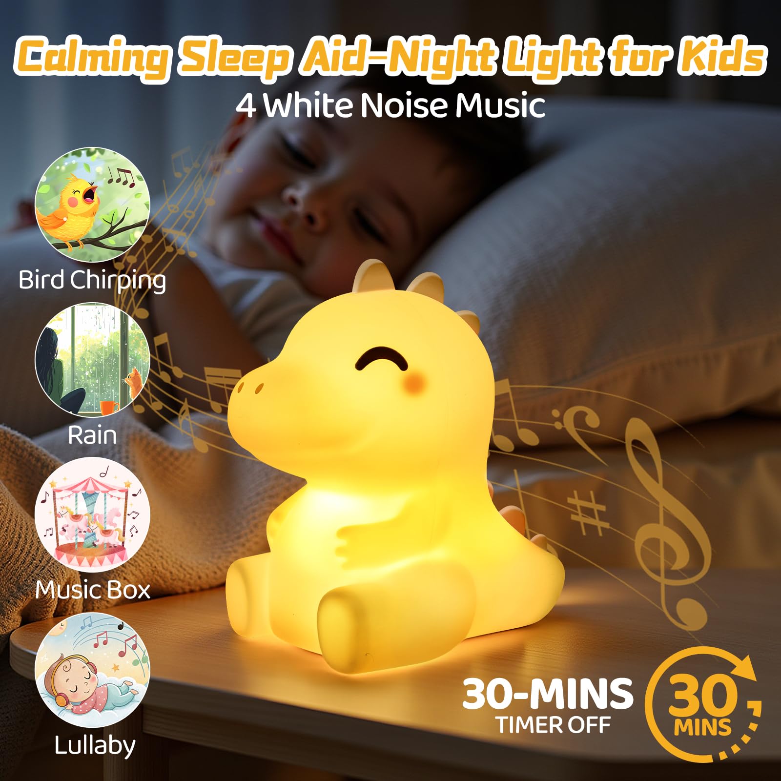 Mewaii Huggwaii Squishy Dinosaur Night Light for Kids 4 White Noise Dimmable Silicone Kids Night Light - Image 3