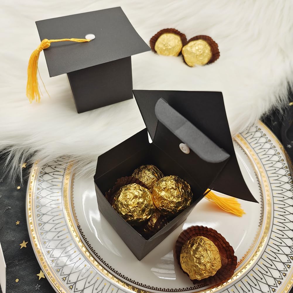 Teensery 15 Pcs Black Graduation Cap Candy Boxes with Tassel, Small Treat Gift Boxes Graduation Party Favors for Biscuit Cookie Chocolate Candy image 2